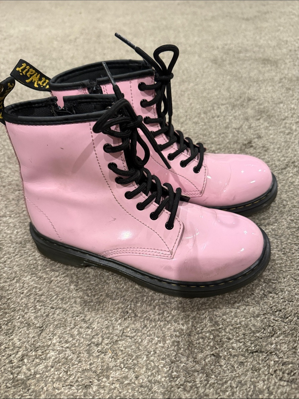 Dr. Martens Pink Patent Lace-Up Combat Boots with Black Trim